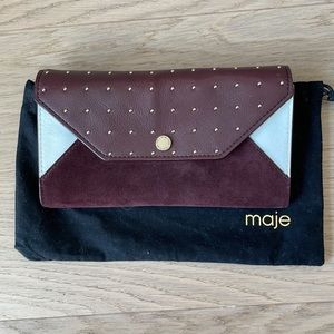 Maje Burgundy Leather and Suede Studded Clutch / Wallet